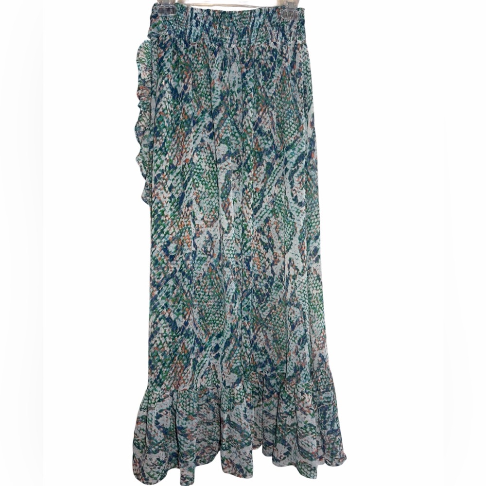 Ramy Brook Blue Multi Snake Print Faux Wrap Ruffle Swim Cover Up Maxi Skirt S - Picture 4 of 9